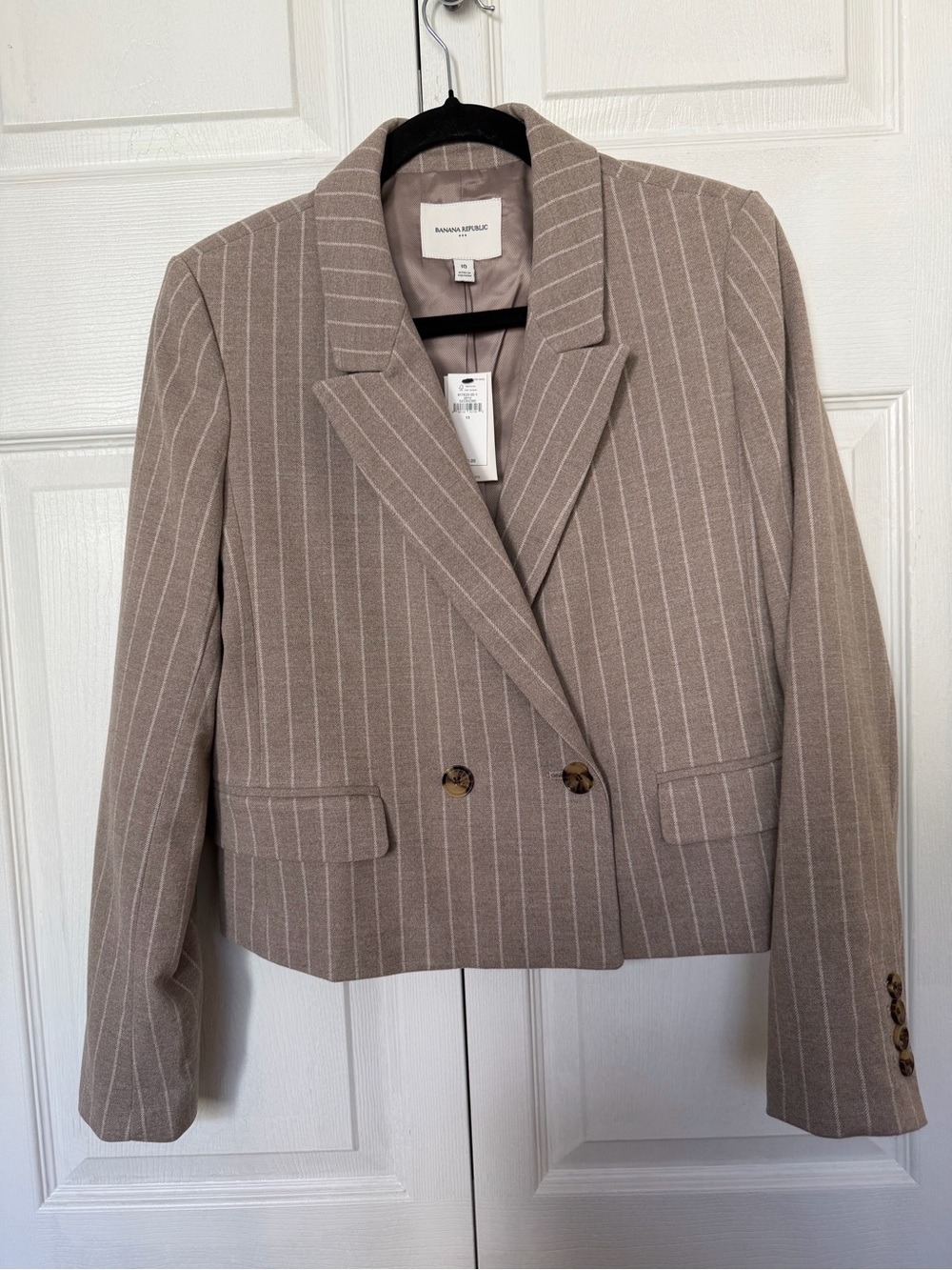Banana Republic Beige Pinstripe Cropped Double-Breasted Blazer